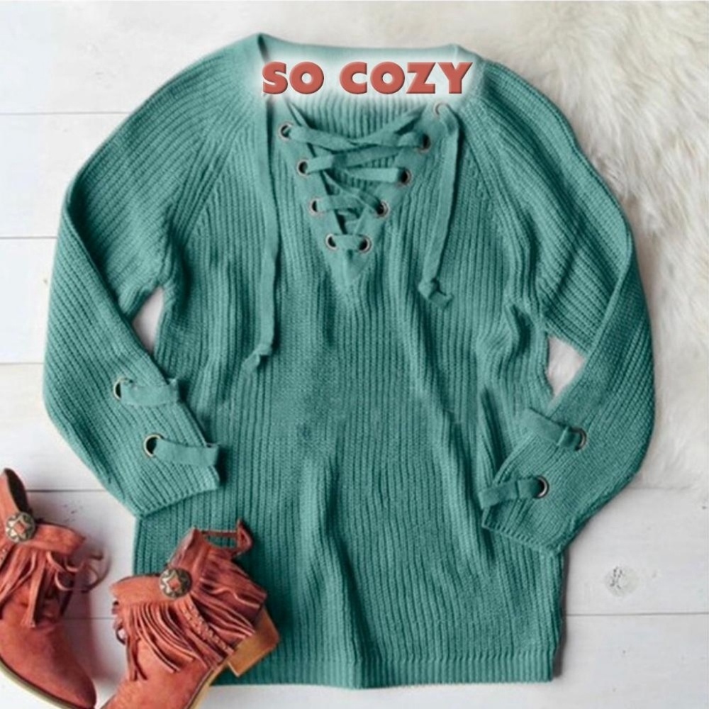 Lace Up Cozy Sage Green Sweater 🎉HOST PICK🎉 - Picture 3 of 7